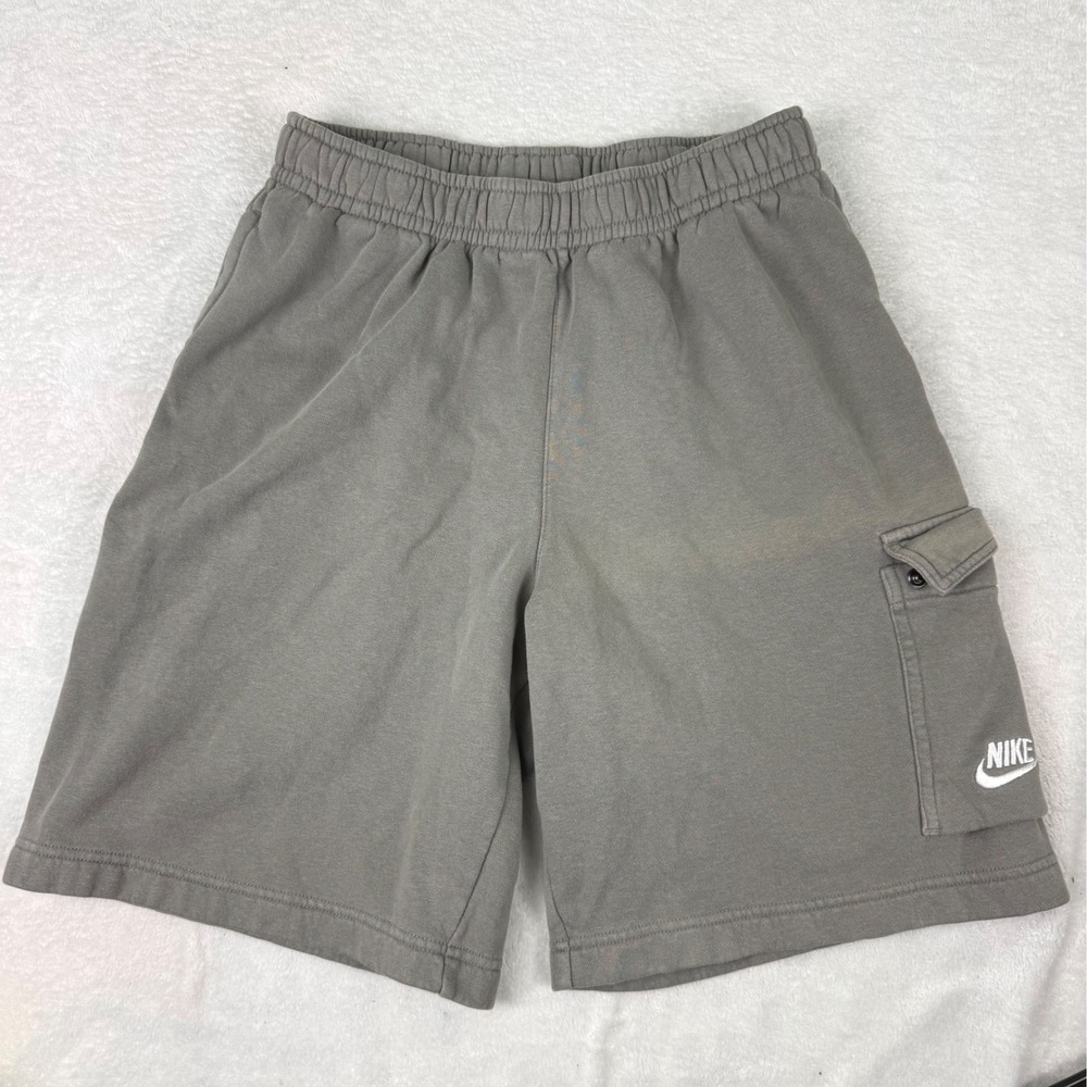 Nike Mens Fleece Cargo Shorts Grey Size Small Embroidered Logo Drawstring